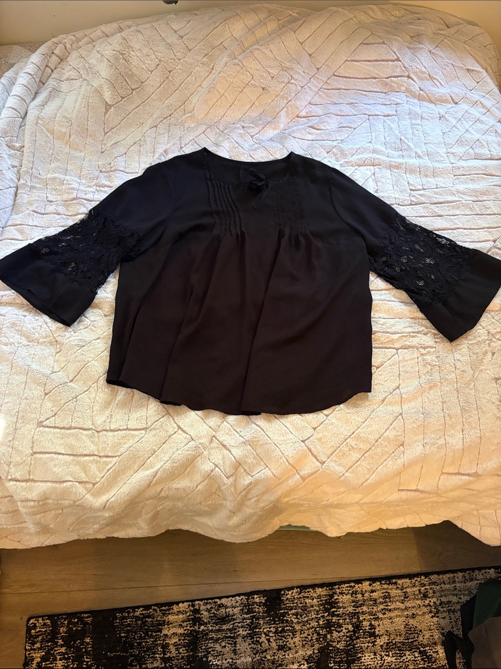 SHEIN Black Lace-Sleeve Pintuck Blouse